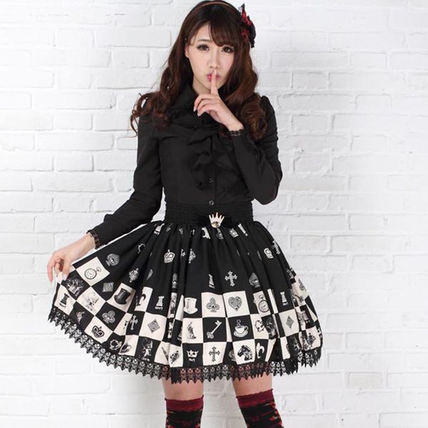 

original sweet lolita skirt cute printing lattice vintage lace victorian skirt kawaii girl gothic lolita sk princess loli cos, Black;red