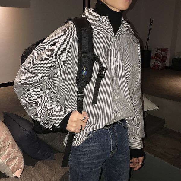 

2019 spring new listing korean version of the loose couple striped pointed collar long-sleeved shirt black / blue -xl, White;black