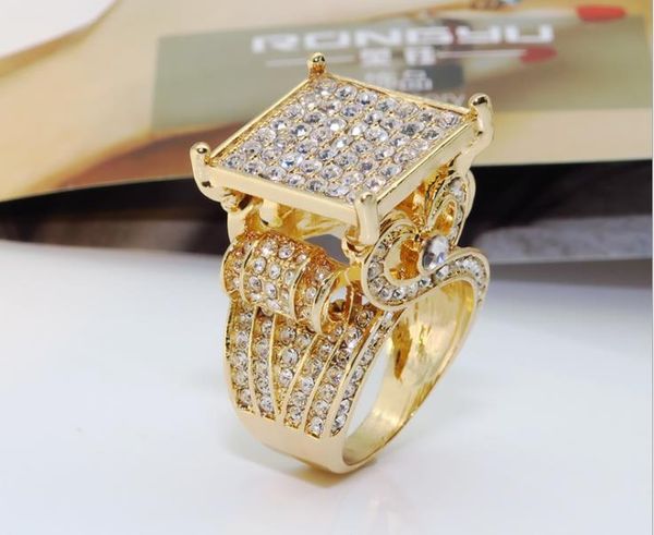 

chaozhou new fashion attractive ring 18k authentic gold plating square lace micro-inlaid with diamond overbearing ring, Golden;silver