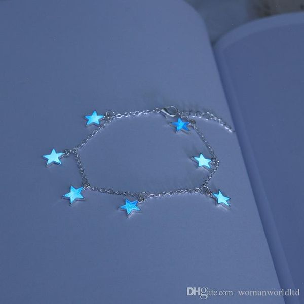 

2019 new year luminous ladies beach winds blue pentagon star tassel anklet silver chain anklets for women barefoot sandals