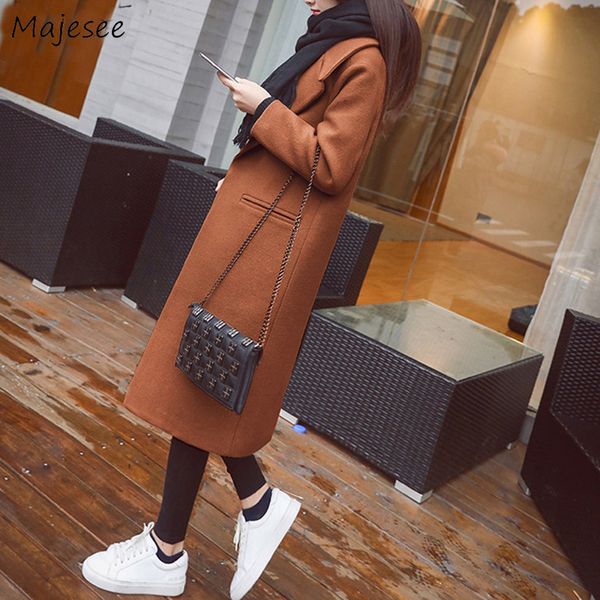 

wool women autumn winter long solid pockets single button turn-down collar korean style student simple all-match ladies coat new, Black