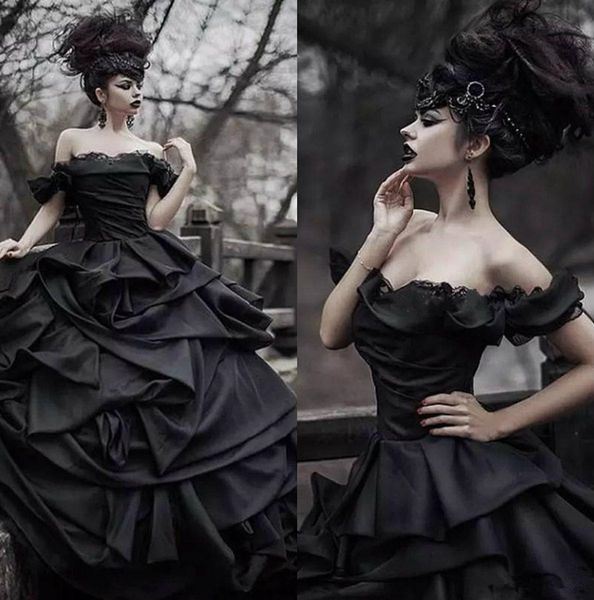 Off Shoulder Black Готические свадебные платья Pick Up атласная Многоуровневое Pleat Lace Викторианский Свадебные платья плюс размер корсет Назад сшитое 3967