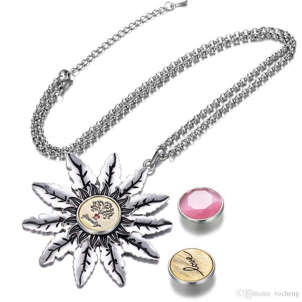 

noosa interchangeable jewellery shining sun pendants necklace metal snap button jewelry with stainless steel chain vocheng nn-773, Silver