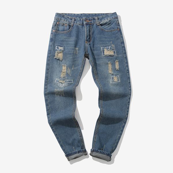 

cross border new style selling amazon wish occident fashion men tight-fit jeans blue with holes trend skinny