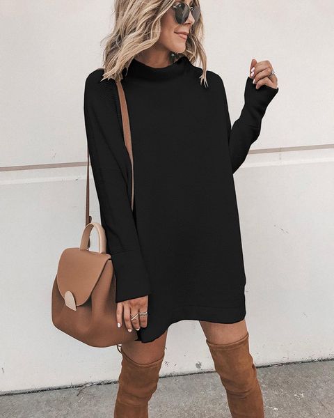 

fashion women pullover jersey dress high collar long sleeve loose straight dresses autumn female basic bottoming vestido, White;black