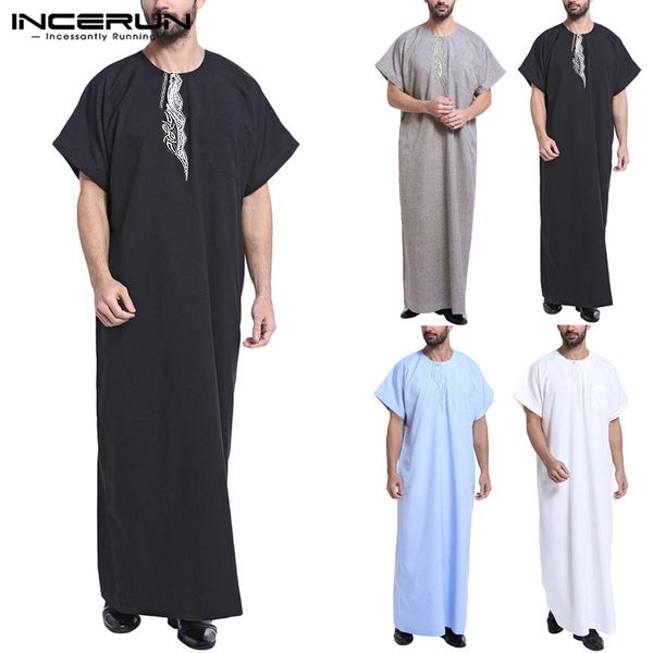 

incerun muslim dress kaftan men abaya print short sleeve retro robes dubai saudi arabia arab islamic kaftan men jubba thobe 2019, Red