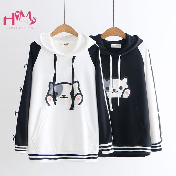 

japanese women mori girl hoodies cute cat backyard ear novelty print pullover korean harajuku kawaii black white sweatshirt
