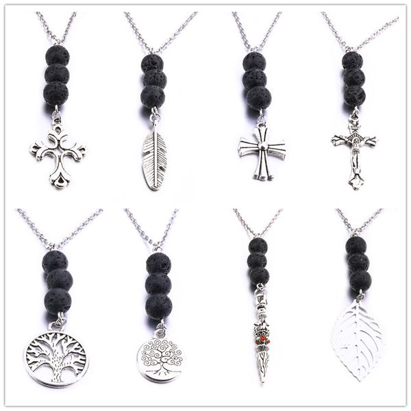 

8mm lava stone bead leaf cross tree of life necklace diy aromatherapy essential oil diffuser necklace for women jewelry, Silver