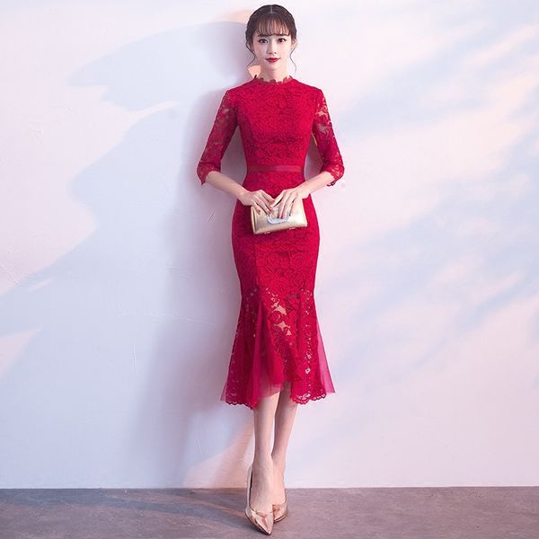 

brand designer traditional chinese dress qipao ladies evening dresses vintage cheongsam women bride lace fishtail dress, Red