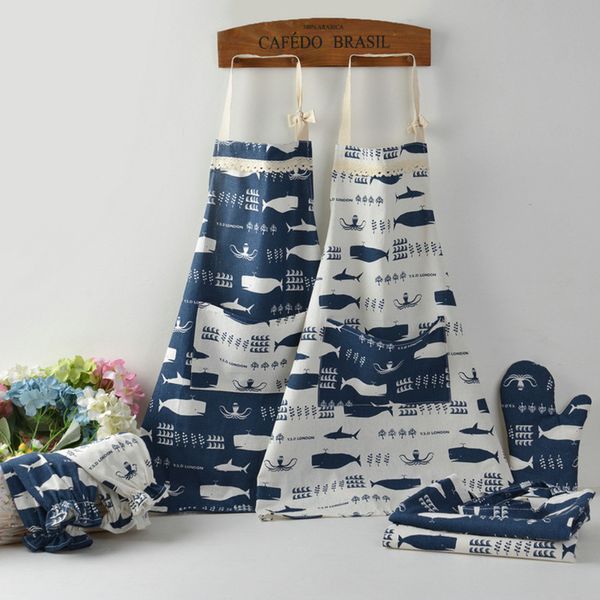 

cotton linen apron kitchen wear large pocket print whale lace trim a1118 g