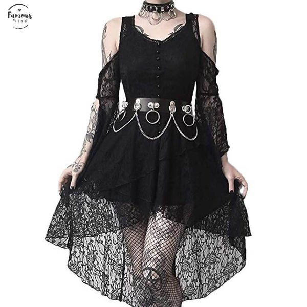 

dress womens fashion dark in love ruffle sleeves off shoulder gothic lace dress vestidos empire 2020 summer dress fashion wild, Black;gray