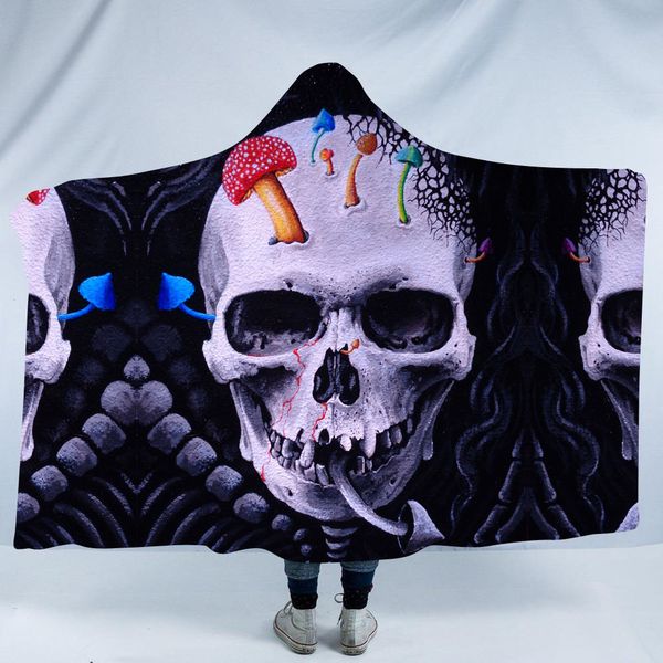 

horror skull mushroom 3d printed hooded blanket adults kids soft sherpa fleece winter hoodie blanket travel throw manta sofa koc