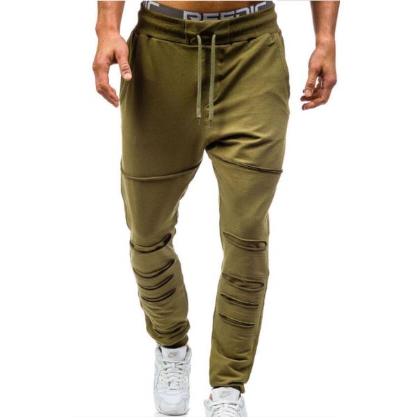 

men casual pants 2019 male brand long trousers hole decorate pant solid color sweatpants jogger tracksuit funky sweatpant army, Black