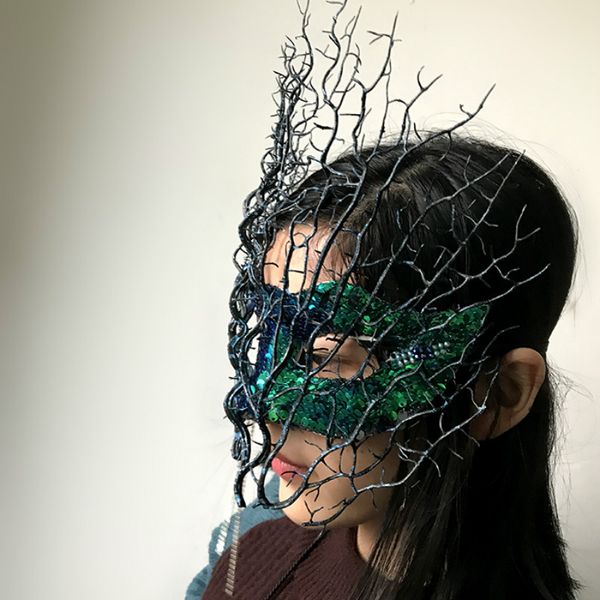 

venice high-end branch artificial flower mask halloween cosplay party mask christmas stage catwalk exaggerated headwear, Silver