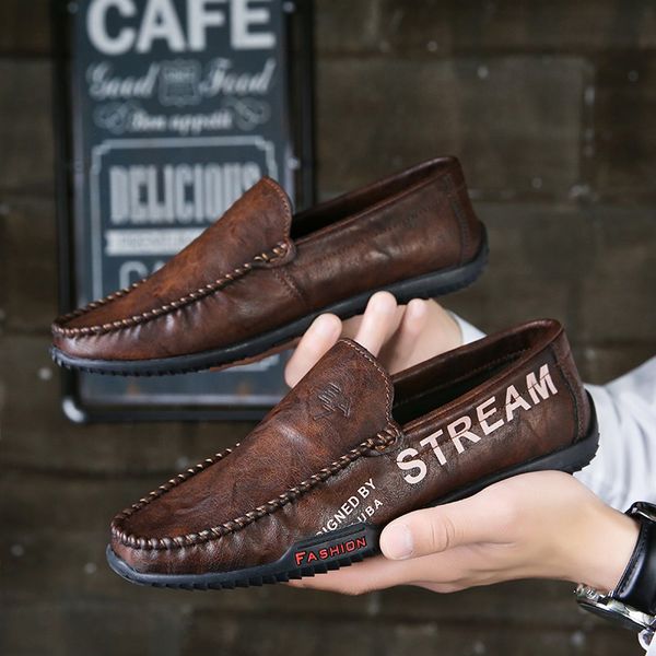 

2019 new style korean-style moccosins men's trend of fashion men's leather shoes outdoor lazy versatile casual driving shoes men, Black