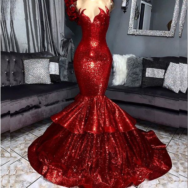 

red tiered sequin layers plus size prom dresses 2019 sheer sleeveless one shoulder mermaid evening gowns