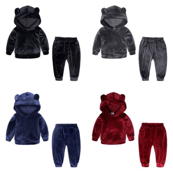

sports clothes set children winter gold velvet solid color hooded long sleeve sweater casual +pants clothes suit, White