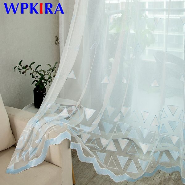 

blue gradient triangular embroidered voile curtain for living room window drapes white sheer curtain lace tulle organza m136d3