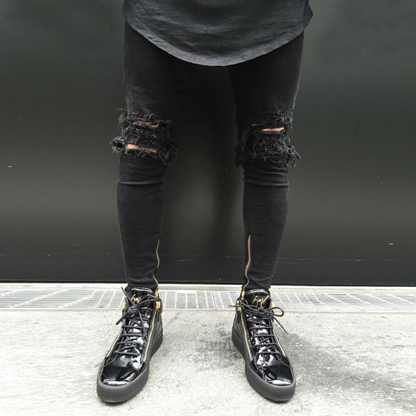 

black men ripped skinny biker jeans destroyed frayed cool slim fit denim pants, Blue