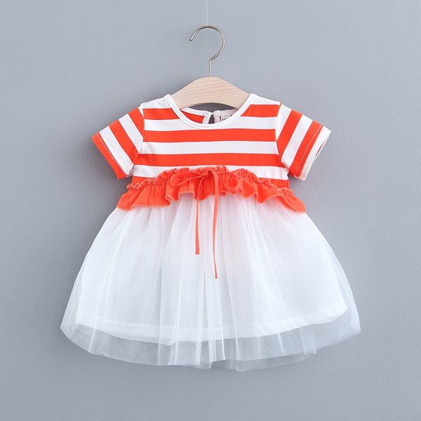 

kids designer clothes girls2020 summer new girls short-sleeved dress children 0-1234 years old striped skirt baby children solid color mesh, Red;yellow