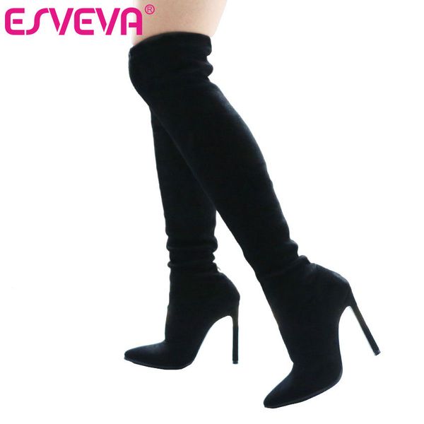 

esveva 2020 over the knee boots super thin high heel winter pointed toe warm women boots flock + stretch fabric shoes size 34-43, Black