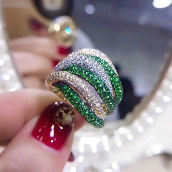 

cross border foreign trade goldplated copper zircon ring jewelry new luxury gorgeous line ring wholesale, Golden;silver