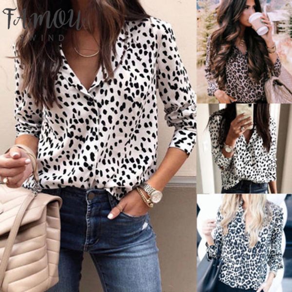 

fashion women leopard print long sleeve v neck autumn spring regular loose casual blouse, White