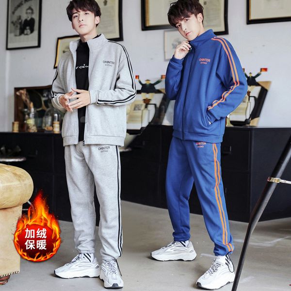 

men sportswear tracksuit winter thick fleece warm stripe printed jacket sweatshirt+pant running jogger fitness casual sport set, Black;blue