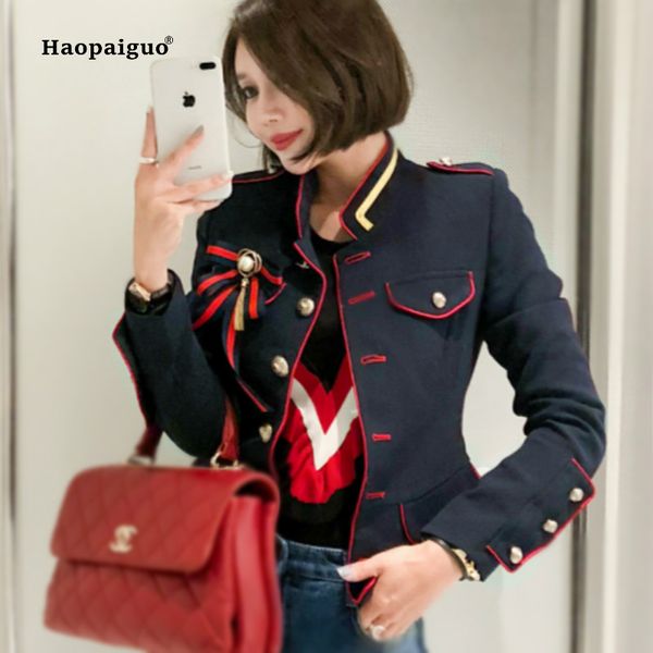 

fashion plus size autumn winter women coats 2018 blue white full sleeve stand vintage navy uniform coat ladies outwear coats, Tan;black