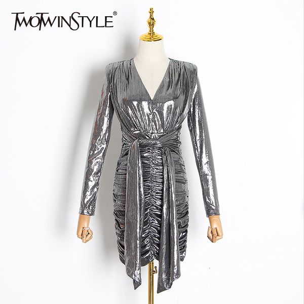 

twotwinstyle ruched women's dresses v neck long sleeve high waist lace up irregular dress for female 2019 fashion clothing, Black;gray