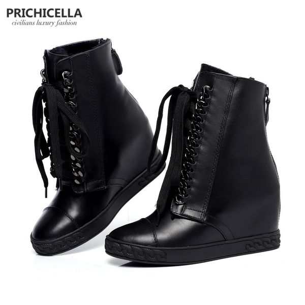 

prichicella silver chained lace up wedge ankle boots genuine leather winter boots for women, Black
