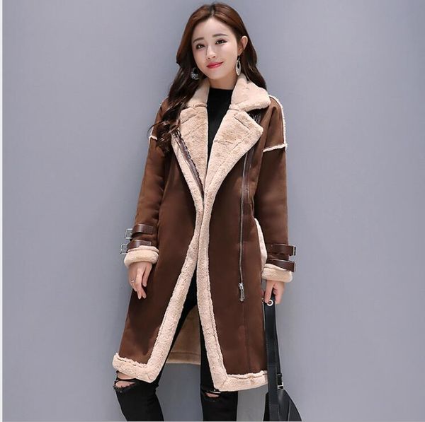 

women lambs wool coat female medium long thick warm shearling coats suede leather jackets autumn winter female outerwear, Black