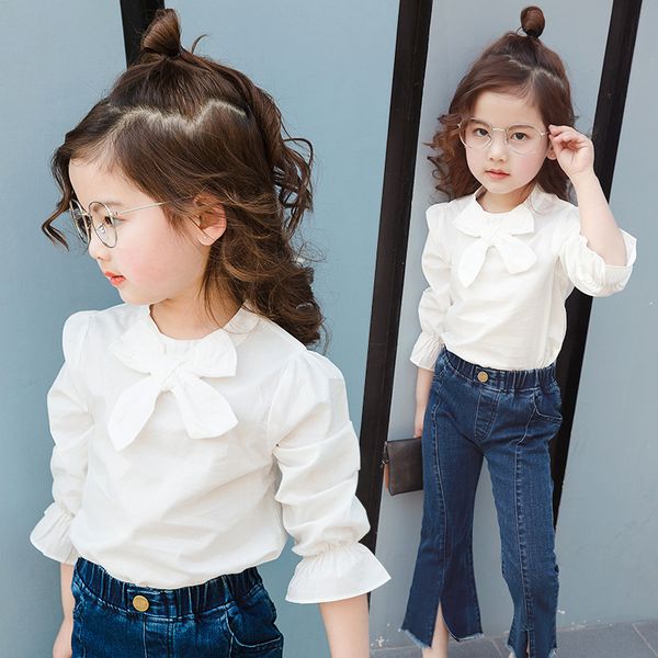 

2019 spring autumn white girl shirt long sleeve solid casual bow-knot child blouses kid fall clothes 3 4 5 6 7 8 years old, White;black