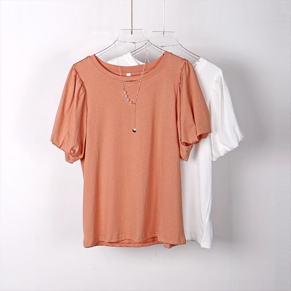 

with enjun] a519 lantern sleeve short-sleeved lantern necklace t-shirt comfortable round collar necklace small sweet female, White
