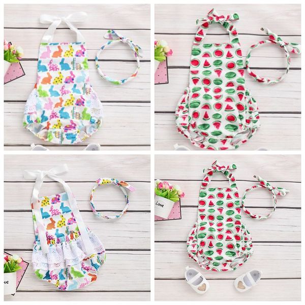 

baby girls rompers easter rabbit printed infant jumpsuits bow headband 2pcs sets kids climbing clothes baby clothing 2 designs yp2116, Blue