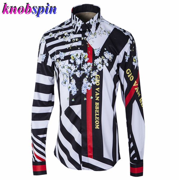 

fashion print long sleeve slim casual men shirt 2019 brand quality business male dress shirts plus size 4xl 48 camisas masculina, White;black