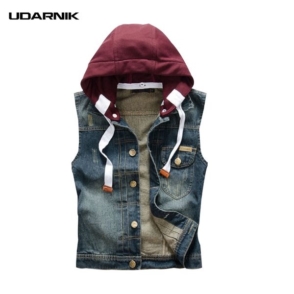 

men blue casual denim vest solid sleeveless waistcoat hooded detachable single breasted turn-down collar jacket punk 225-357, Black;white