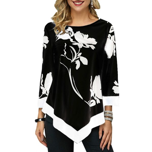 

new autumn printing shirts plus size women loose casual o neck three quarter sleeve irregular hem tunic blouse, White