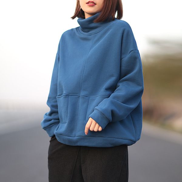 

winter hoodies warm coat women casual pullovers loose fleece solid color turtle neck cotton female outerwear coats, Black
