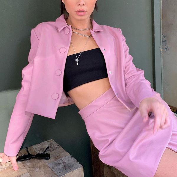 

skin lapel pu loose coat short two-piece suite female autumn 2019 inst96115 button overlapping skirt, Black;blue