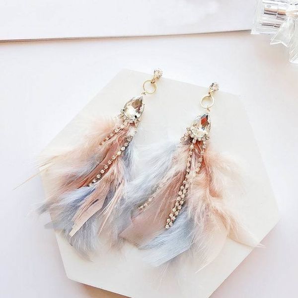 

mengjiqiao new arrival elegant colorful feather tassel earrings for women shiny crystal beads dangle pendientes mujer moda, Silver