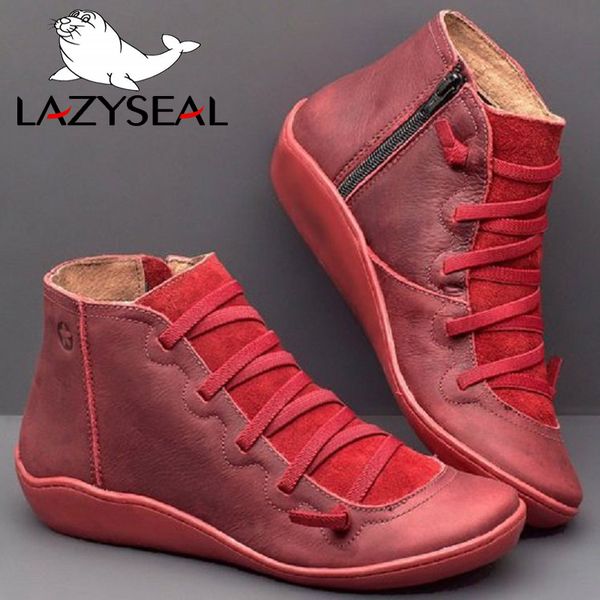 

lazyseal soft leather ankle boots autumn vintage lace up women shoes flat heel boots female zipper short big size 35-43, Black