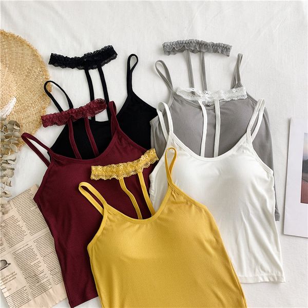 

girls lace halter neck short camis with seperated bra women padding tanks crop for female, White