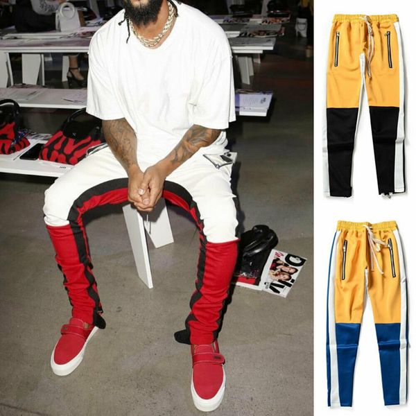 

2019 new style men long casual sport pants slim fit trousers patchwork zipper string with pocket, Black