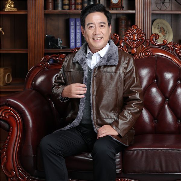 

wandering peddler new style daddy clothes brushed and thick leather coat middle-aged fur button leather jacket plus-sized, Black