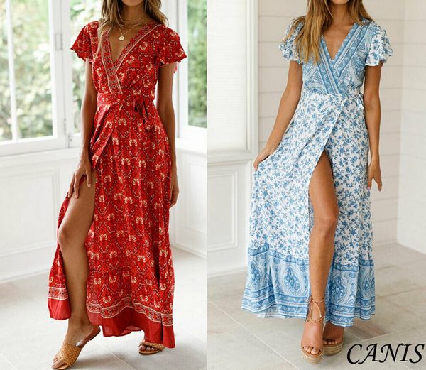 

2019 fashion lady floral boho dress women long maxi dress casual floral high slit boho belt v-neck holiday beach sundress, Black;gray
