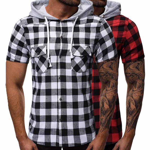 

summer mens short sleeve plaid shirt fashion casual hooded shirt men white red shirts, White;black