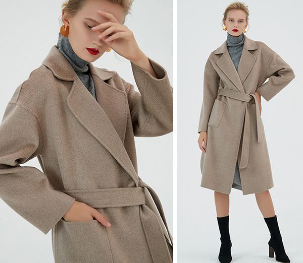 

2019 new arrival oatmeal water moire double sided womens cashmere coats ladies belted waist wool coats dhl ing, Black