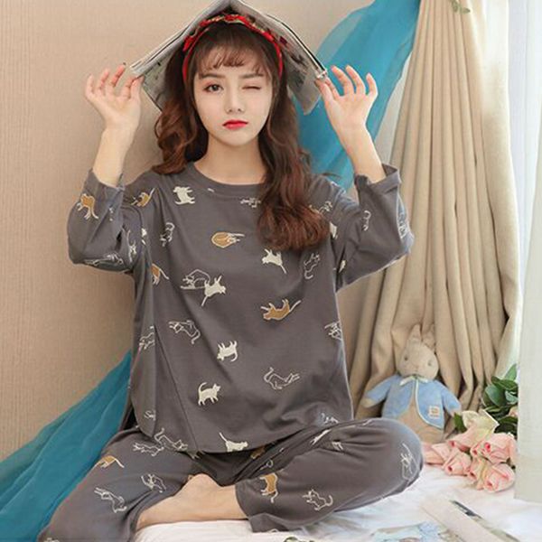 

spring and autumn winter pajama set loose cute burst tricolor cat long sleeve pijamas set, Black;red