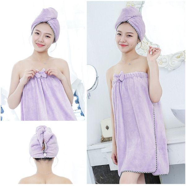 

women bathroom super absorbent quick-drying coral fleece thick hair dry cap bath towel bath robe hair towel set